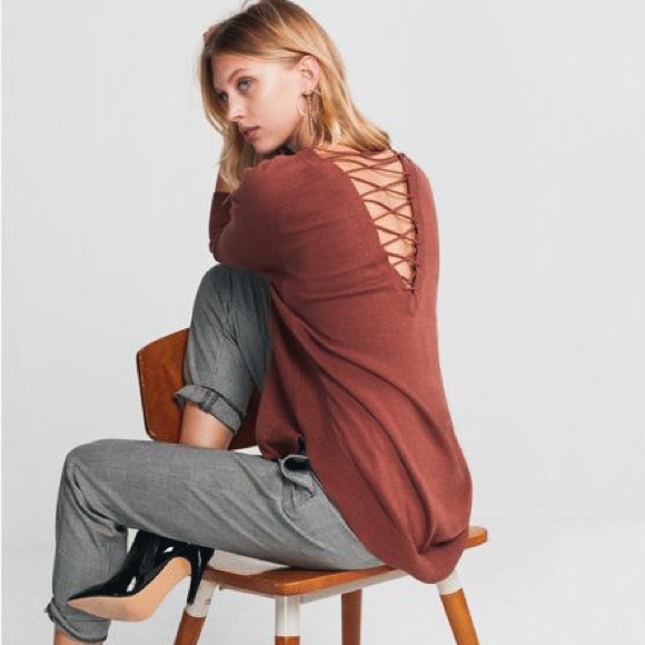 Express rust drape front lace up back pullover sweater ❤️ - Picture 1 of 8